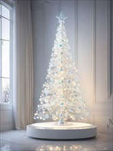 A three dimensional rendering of a futuristic Christmas tree made of glowing, semi-transparent