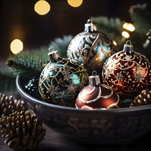 Christmas tree ornaments in a bowl, featuring a mix of glass baubles, pine cones, and fairy lights,