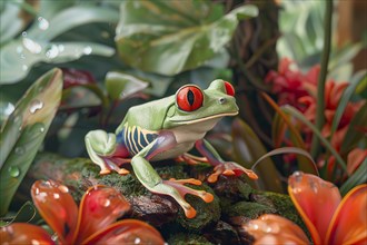 Red eyed tree frog, Ranoidea chloris, on leaves, Australia, AI generated, Oceania