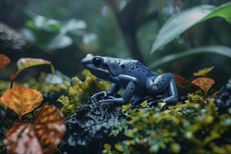 Blue poison dart frog on leaves, AI generated