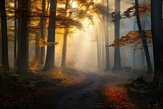 Fog covered forest in autumn with mystic golden sunlight, AI generated