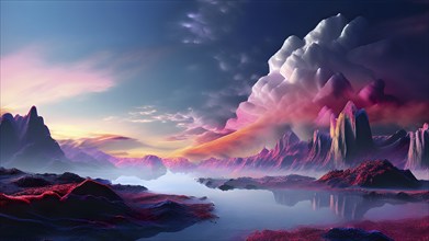 AI generated painting of a surreal landscape with mountains and a lake with digital brush strokes