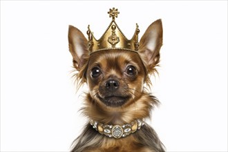 Funny dog with large golden crown and necklace on white studio background. KI generiert, generiert,