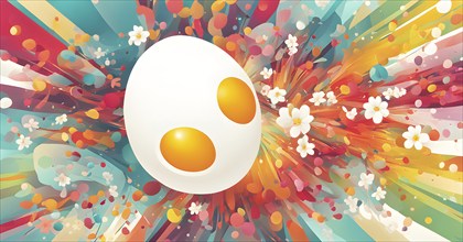 An energetic, abstract explosion of spring colors with egg and flower motifs subtly integrated,