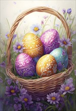 Abstract illustration of of vibrant-colored Easter eggs in a wicker basket, surrounded by delicate