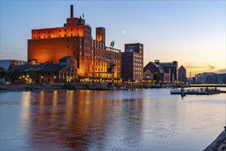 The inner harbour, in Duisburg, Werhahn-Mühle building on the right, North Rhine-Westphalia,