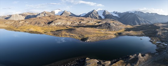 Aerial view, mountain peak and mountain lake, evening mood, Arabel Lake at Arabel Pass, Issyk Kul