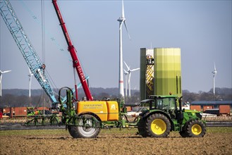 Construction of a wind turbine, Enercon steel pillar, near Kerken, Kleve district, on the Lower