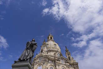 Martin Luther monument, behind it the Church of Our Lady, Dresden, Saxony, Germany, Europe