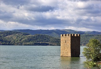 Wallachia, view of the Danube landscape, two towers, remains of the medieval fortress Trikule near