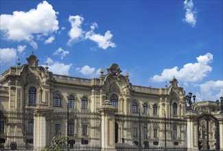 Lima, Peru, Government Palace on colonial Central plaza Mayor or Plaza de Armas in historic center,