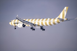 Condor Airbus A330-900 approaching Frankfurt FRA Airport, Fraport, in winter, Hesse, Germany,