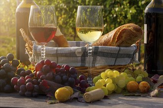 Symbolic image: Ripe grapes decorated with wine glasses on a wooden table