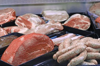 Variety of fine meat products in the butchery (Variety of fine meat products in the butchery)