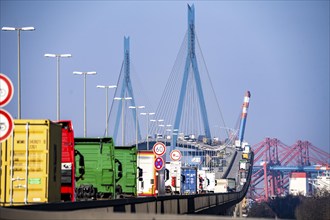 Traffic on the Köhlbrand Bridge in the port of Hamburg, spans the 325 m wide Köhlbrand, an arm of