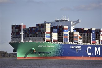 Europe, Germany, Hanseatic City of Hamburg, harbour, Elbe, CMA CGM Concorde departing Hamburg for