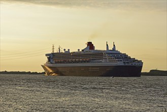 Europe, Germany, Hamburg, Elbe, Passenger ship Queen Mary 2 leaves Hamburg, Evening light, Hamburg,