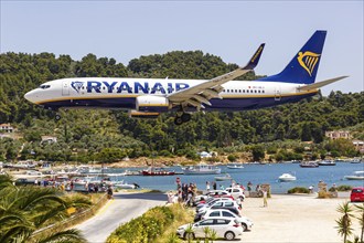 A Ryanair Boeing 737-800 aircraft with registration 9H-QEJ at Skiathos Airport, Greece, Europe