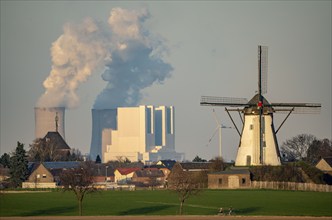 Grottenherten windmill, Neurath lignite-fired power station, Rhenish lignite mining area