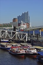 Europe, Germany, Hamburg, Elbe, St. Pauli Landungsbrücken, view of the Elbe Philharmonic Hall,