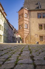 Historic buildings with half-timbered houses and cobbled street in fine weather, Harz Mountains,