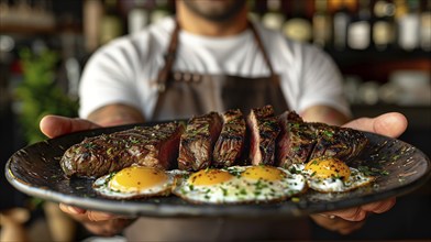 Man holding out A plate filled with steak and eggs. generative AI, AI generated