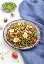 Mung bean porridge with quail eggs, tomatoes and microgreen sprouts on a white concrete background