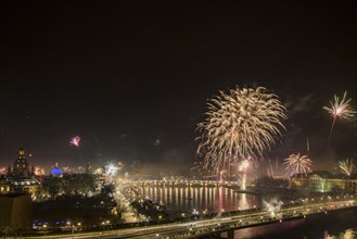 New Year's Eve fireworks over Dresden's Old Town, Dresden, Saxony, Germany, Europe