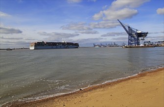 Cosco shipping line container ship arriving at Port of Felixstowe, Suffolk, England, UK