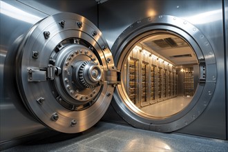 Open bank vault door, revealing a room filled with safety deposit boxes in safe depositary. The