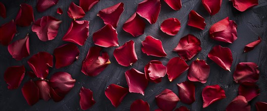 A close up of red rose petals. Petals are scattered and overlapping, sense of depth and texture, AI