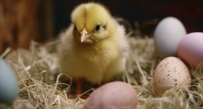 Cute newborn chick next to colorful easter eggs, generative AI, AI generated