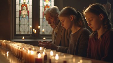 Solemn family prays at the votive candles at church, generatvie AI, AI generated