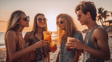 Young adult friends with tropical drinks enjoy the sunset on their vacation, generatvie AI, AI