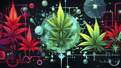 Abstract painting of chemical structure of thc and cbd interlocking geometric shapes, AI generated