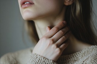 Close up of woman holding hand to throat. Generative AI, AI generated