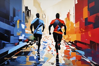 Marathon 2024 olympic runners in abstract dynamic shapes, AI generated