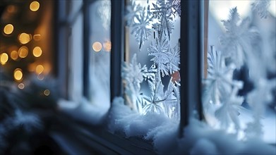 Snow-covered window with frost patterns, candlelight softly glowing through the glass, and warm,