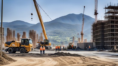 View of a construction site with worker and crane, AI generated