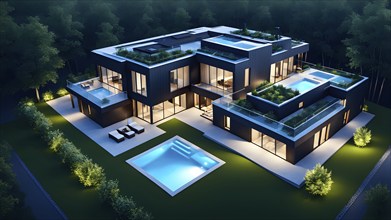 Three dimensional rendering of an illuminated modern ecological real estate residential house, AI