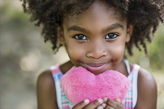 Young black girl child holding pink plush heart. KI generiert, generiert, AI generated