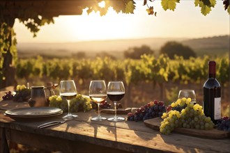 AI generated wine tasting table setup with wine and vine grapes nestled subtly amidst a thriving