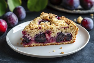 Slice of plum pie with crumbles topping on plate. Generative AI, AI generated