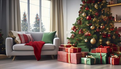 Presents lying under a decorated Christmas tree in a modern living room, AI-generated image, AI