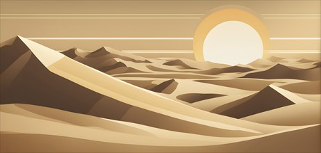 Abstract desert scene with triangular sand dunes and a single circular sun, using sharp lines and