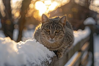 Cat sitting on snow covered fence in winter. Generative Ai, AI generated