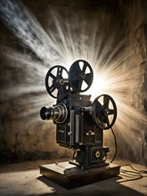 An old movie projector casting flickering images onto a cracked wall, creating a sense of vintage