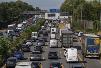 Traffic jam on the A3 motorway, over 8 lanes, in both directions, in front of the Leverkusen