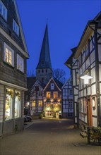 The old town of Hattingen, Johannisstraße, St. George's Church, leaning church tower, half-timbered