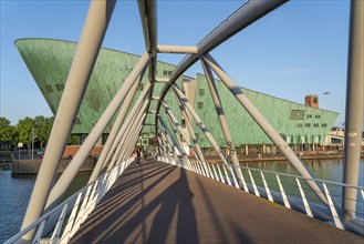 Nemo Science Museum, at the Oosterdok harbour, bridge, Amsterdam, Netherlands